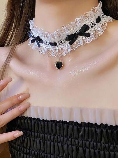 女士白色蝴蝶结蕾丝颈链项链 - 韩式甜美优雅锁骨链项链，适合日常、派对和婚礼装扮
