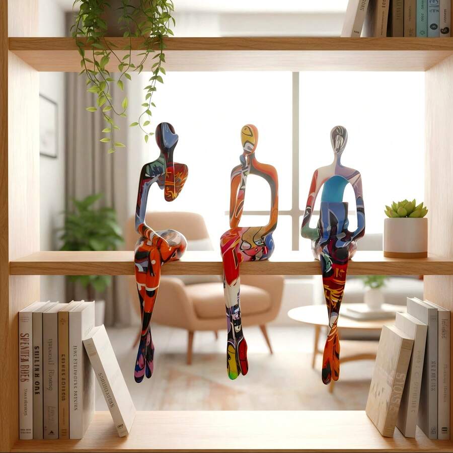 LUMIARTISAN 3pcs Abstract Thinker Resin Sculptures | Stress Relief Desk & Shelf Decor | Art Lover Gift - C Graffiti Style - View 1