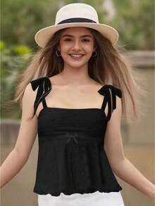 Women's Tie Shoulder Camisole Sleeveless Jacquard Mini Bow Slim Fit Summer Tank Tops - Negro - Ver 1