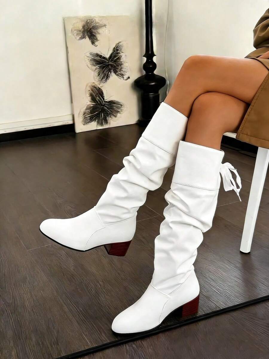 Ladies New Style.Fashionable Retro.Knee-High Heel Boots.Casual Boots.Red.Black.White - 白色 - 查看 1