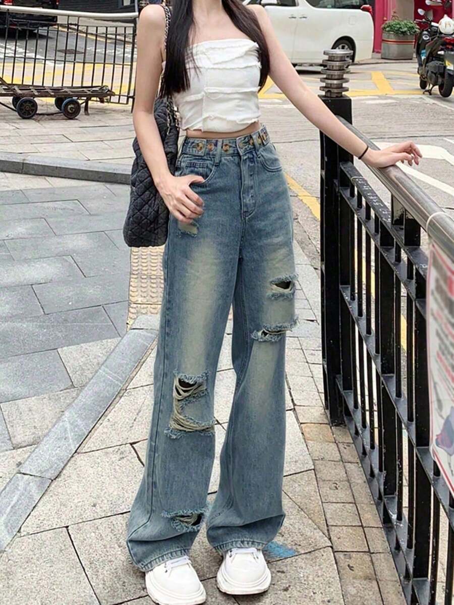 春季款破洞斜插口袋高腰休闲牛仔裤 - 中等水洗藍 - 查看 1