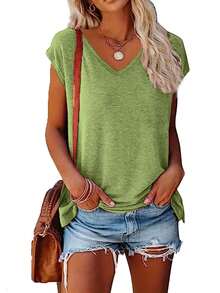 Bộ 3 áo thun cổ chữ V màu trơn, dáng rộng, thoải mái và thời trang, thích hợp mặc hàng ngày hoặc ở nhà vào mùa xuân/hè. - Nhiều màu - Xem 4