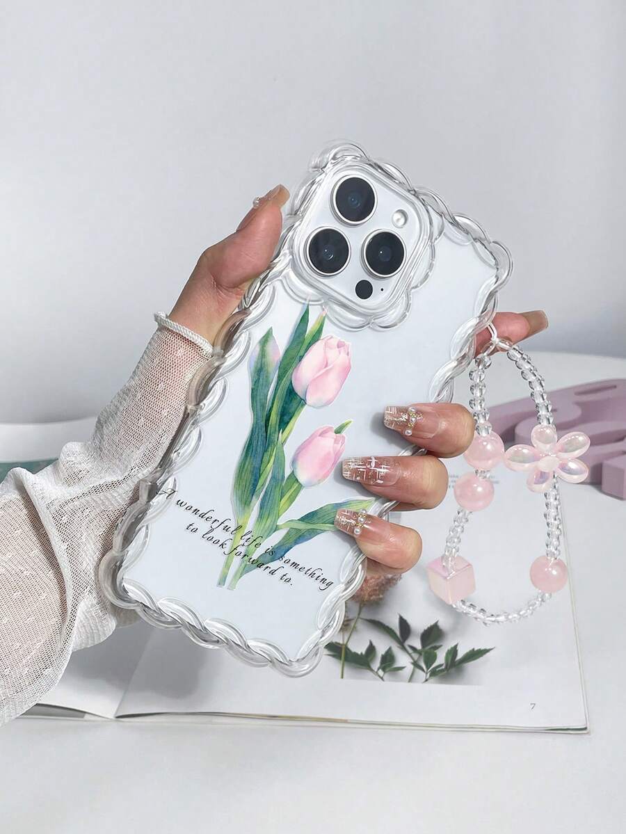 1pc Fashionable Transparent Tulip Flower Print Shockproof Phone Case With Lanyard, Compatible With IPhone11 12 13 14 11Promax 12Promax 13Promax 14Promax XR 15 15PRO 15PROMAX 16 16PRO 16PROMAX 17 17PRO 17PROMAX - Multicolor - View 1