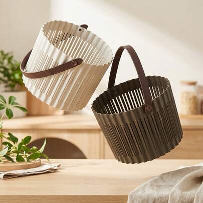 Ventilated Ribbed & Hollow-Out Storage Basket With Handle, Durable PP Plastic Multi-Use Storage Box For Home Or Office, Organize Files, Documents, Or Clothing, Assorted Colors Random Delivery, GF24088