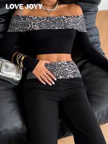 LOVE JOYY 女士豹纹时尚两件套：露肩长袖短款上衣和高腰喇叭裤，完美打造 Y2K 街头风 - 黑色 - 查看 2