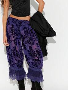 Women's Y2K Floral Devore Lace Trim Long Bloomers Elastic Mid Rise Flared Ruffle Pantaloons Pajama Bottoms - Purple - View 2