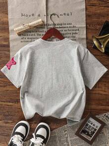 1件少女星形印花仿牛仔短袖T恤，学生休闲装，夏季上衣，适合女孩玩耍 - 灰色 - 查看 4