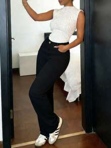 Simple And Versatile Basic Women's Jeans, Classic Loose Straight Pants, Casual Daily Commuting College Four-Season Trousers. - Black - View 2