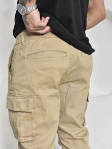Calças Cargo Masculino Sarja Casuais com Multi-Bolsos Com Lycra - Marrom Claro - Visão 4