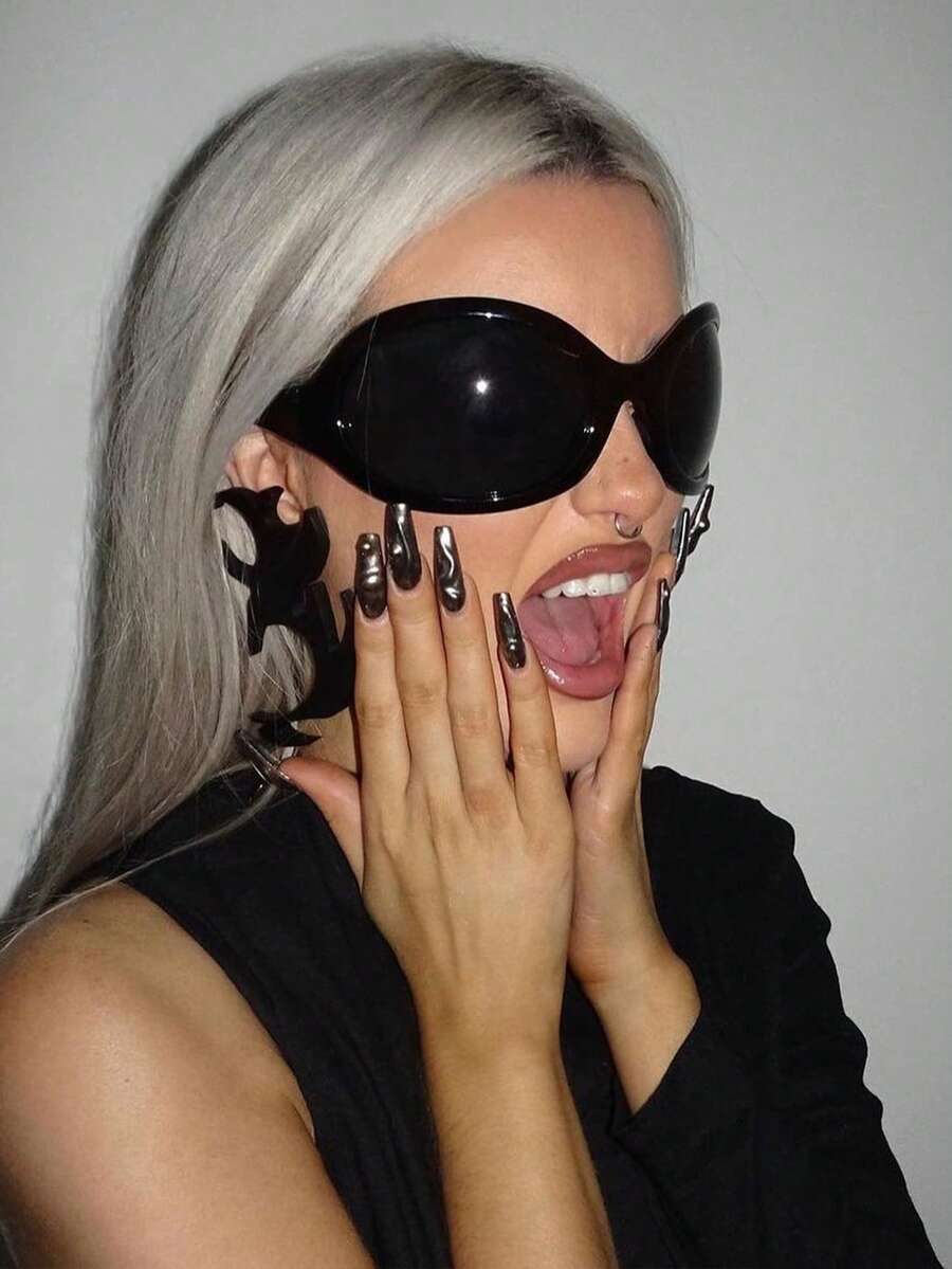 1pc Oversized Oval Shaped Fashion Glasses, Retro Y2K Versatile Casual Glasses, Suitable For Daily Wear, Street Photography, Travel, Autumn/Winter Matching, Unisex - 黑色 - 查看 1
