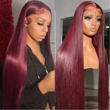 酒红色直发蕾丝前假发，真人发，13x4蕾丝前假发，200密度，99J未经加工的巴西直发原生人发混纺假发，预先拔毛并带有婴儿发，女士款，26英寸 - SBUG - 查看 6