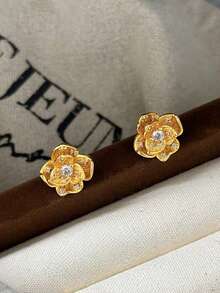 金色山茶花耳环，镶嵌仿水钻，低过敏性，优雅女士耳环 - 山茶花耳環 - 查看 6