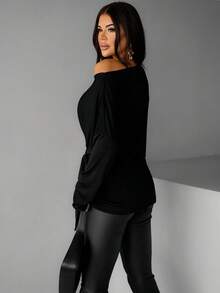 Women's Fashion Black Knit Long Sleeve Top, Asymmetric Hem, Tie-Front Design - Black - View 4