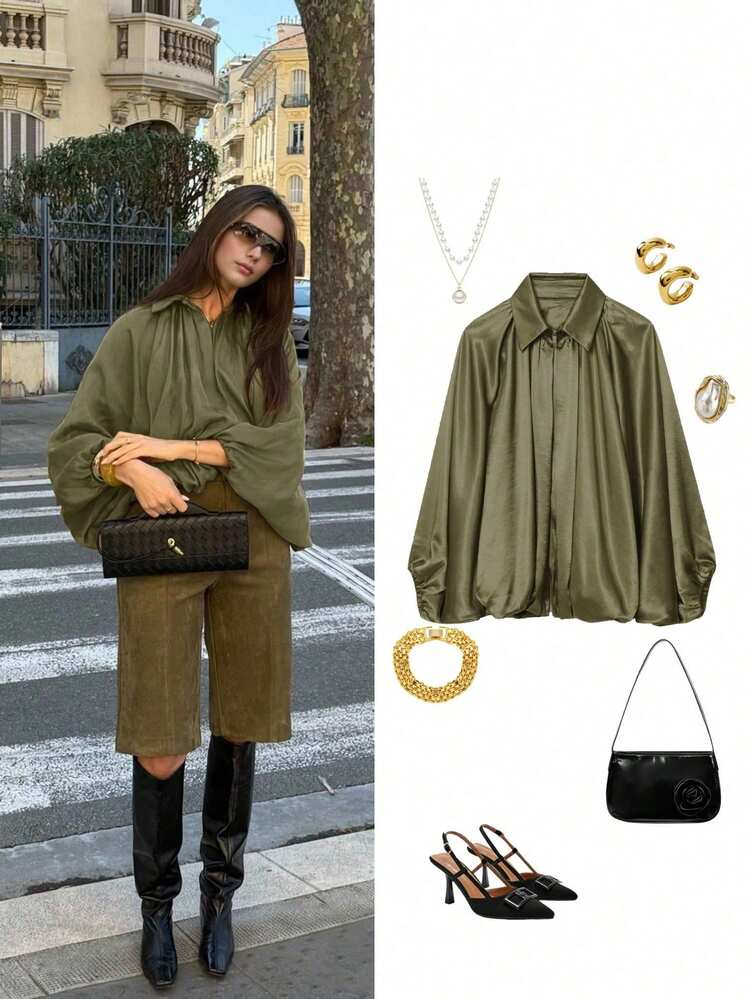 Chaqueta casual de mujer con mangas abullonadas, de moda para el día a día, para primavera/verano - Verde Oscuro - Ver 1