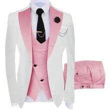 A Three-Piece Suit For Groomsmen, Featuring A Slim Fit Tuxedo Ideal For Wedding Dances, Includes A Stylish Jacket, Trousers, Vest, Tie, Tie Clip, Handkerchief, Two Cufflinks, A Boutonniere, And A Brooch For Formal Occasions - 粉色 - 查看 1