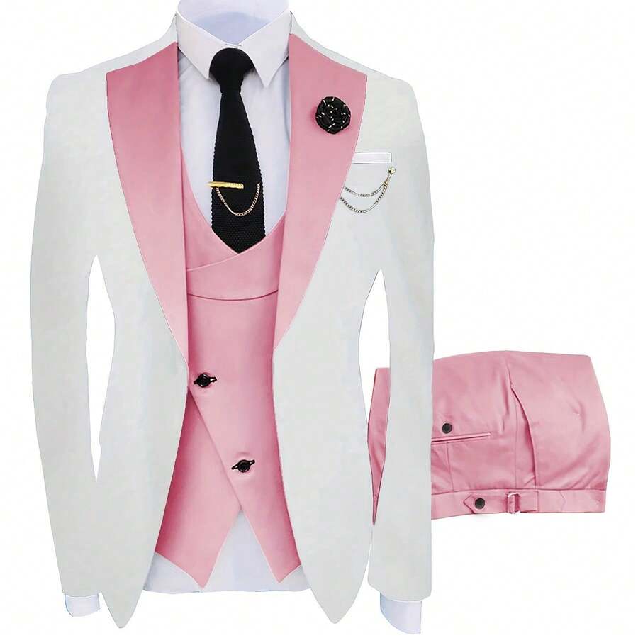A Three-Piece Suit For Groomsmen, Featuring A Slim Fit Tuxedo Ideal For Wedding Dances, Includes A Stylish Jacket, Trousers, Vest, Tie, Tie Clip, Handkerchief, Two Cufflinks, A Boutonniere, And A Brooch For Formal Occasions - 粉色 - 查看 1