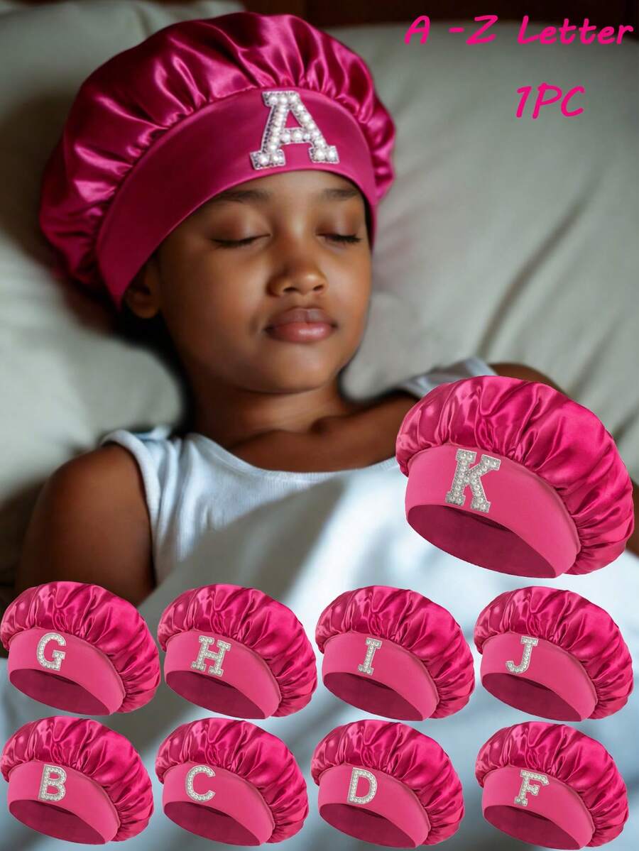 1 Pc A-Z Letter Hats Children' Elastic Wide Brim Satin Sleeping Cap Elastic Caps Fit, Hair Protection, Ultra Soft & Breathable With Anti-Slip Lining - Hot Pink - View 1