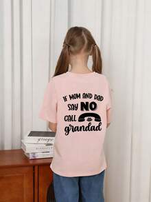 Young Girl Casual Graphic Print Crew Neck Short Sleeve T-Shirt, Summer Top - Pink - View 2