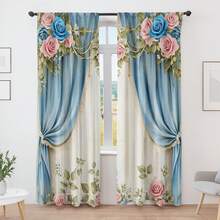 2PCS European-Style Flower Curtains, Romantic Blue And Pink Rose Pattern, Half-Shade And Dust-Proof, Suitable For Bedroom And Living Room As Decorative Curtains - Multicolor - View 1