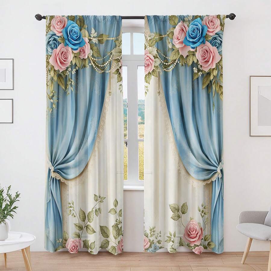 2PCS European-Style Flower Curtains, Romantic Blue And Pink Rose Pattern, Half-Shade And Dust-Proof, Suitable For Bedroom And Living Room As Decorative Curtains - Multicolor - View 1