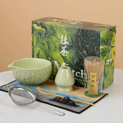 Matcha Bowl7-Piece  Wisk Set Green Ceramic  Bowl Wit   Design O Wisk Scoop Ster And Tea Towel - Complete  Kit  Tea Lovers Pink Gt  (Green)