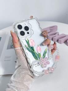 1pc Fashionable Transparent Tulip Flower Print Shockproof Phone Case With Lanyard, Compatible With IPhone11 12 13 14 11Promax 12Promax 13Promax 14Promax XR 15 15PRO 15PROMAX 16 16PRO 16PROMAX 17 17PRO 17PROMAX - Multicolor - View 4