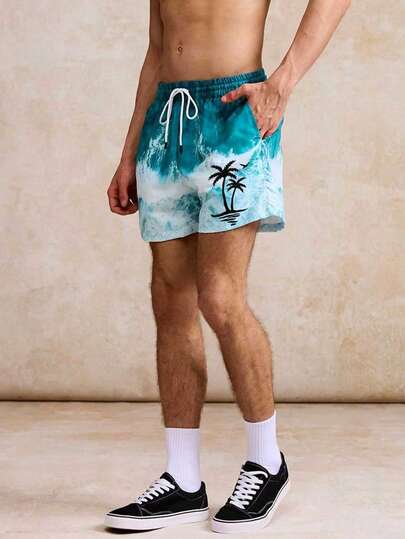 Men's Drawstring Printed Pocket Beach Shorts - Casual, Outdoor, Home, Beach, Sports Shorts For Summer