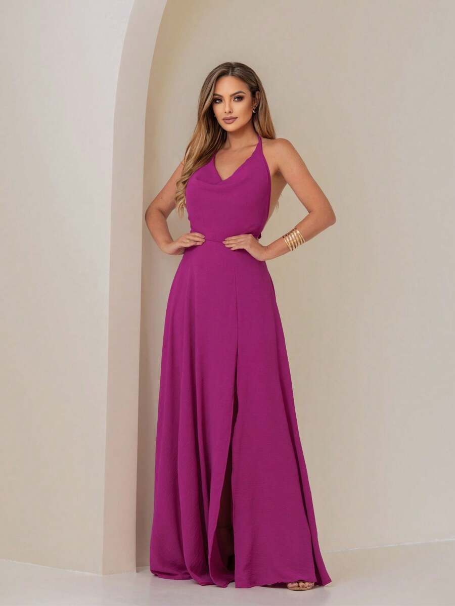 Yasmin Halter Neck Long Dress With Tie Straps, Formal Evening Party Dress, Wedding, Graduation, Flowing Long Skirt With Lining And Slit, NM Nana Marie - 玫瑰紅 - 查看 1