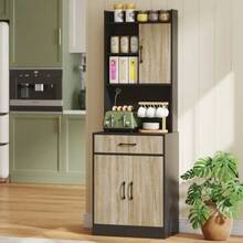 Kitchen Cabinet With Worktop And Cable Management, Modern Kitchen Chest Of Drawers With Drawer, 3 Open Shelves, Natural Wood, Black - Rust Brown - View 2