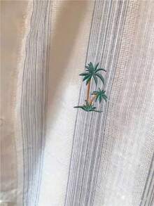 女士条纹椰树印花单排扣休闲百搭日常短袖衬衫 - 淺藍色 - 查看 3