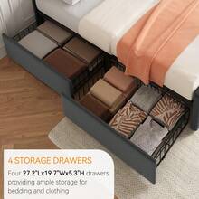 Base de cama tapizada tamaño matrimonial con 4 cajones - Cabecera de piel sintética, diseño capitoné y listones de madera | Base de colchón silenciosa, no necesita somier, gris oscuro - Gris Oscuro - Ver 3