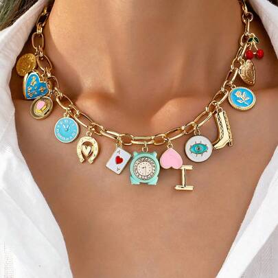 1 chiếc vòng cổ mặt dây chuyền hình trái tim anh đào tráng men và móng ngựa may mắn, vòng cổ nhiều mặt dây chuyền.