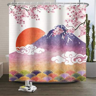 1pc Painted Mountain And River Shower Curtains, Colorful Mountain And River Scenery Printed Shower Curtains, Suitable For Various Room Decorations, Bathroom Partitions, Shower Curtains, Bathtub Curtains