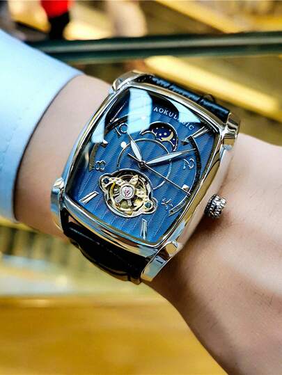 AOKULASIC 1pc Fashion Skeleton Automatic Mechanical Men's Watch, Luminous Hands, Genuine Leather Strap, Business Gift Watch For Men