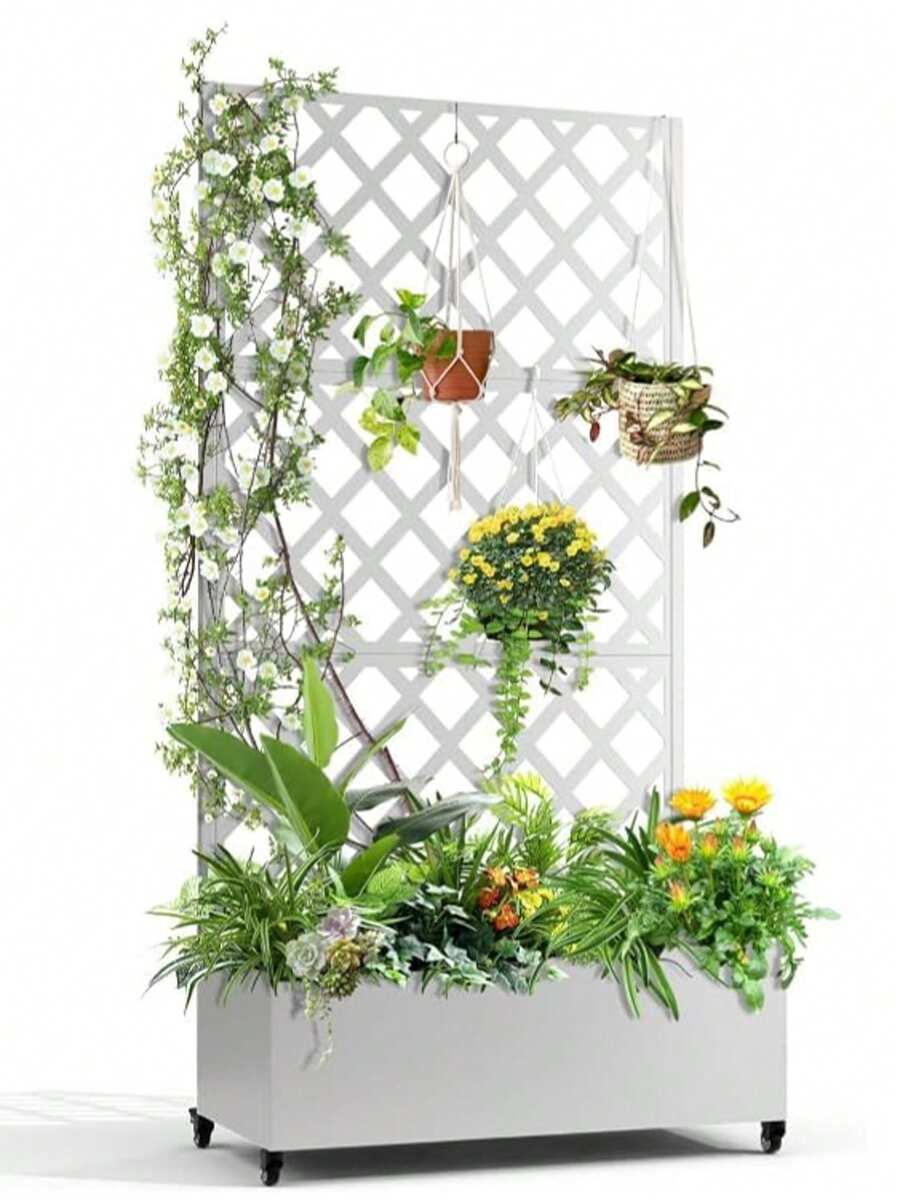 Biombo móvil para exteriores con jardinera y enrejado - Divisor metálico resistente a la intemperie para balcones, patios o terrazas - Orificios de drenaje, ruedas bloqueables - Ideal para plantas trepadoras, hortalizas y flores - Blanco - Ver 1