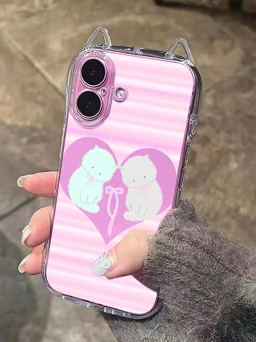 1 carcasă de telefon moale TPU rezistentă la șocuri, cu dungi, inimă goală, urechi de pisică, decorați cu fundă, cu șnur, compatibilă cu 17/17 Pro/17 Pro Max/Air/16/16 Pro/16 Plus/16 Pro Max/15 Pro Max/15 Pro/15 Plus/11/12/13/14/15/16E - Multicolor - Vizualizare 1