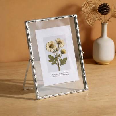 Nordic Ins Style Silver Bamboo Metal Photo Frame, 6/7/8/10 Inch Tabletop, Transparent Glass Dry Flower Specimen Floating Display Frame