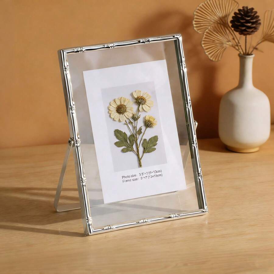 Nordic Ins Style Silver Bamboo Metal Photo Frame, 6/7/8/10 Inch Tabletop, Transparent Glass Dry Flower Specimen Floating Display Frame - 1PC - View 1