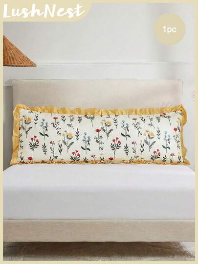 1pc Floral Prints With Yellow Ruffle Body Pillowcase,Vintage Style Decorative Lumbar Pillow,Soft Skin-Friendly Polyester Fiber,Farmhouse Room Decor