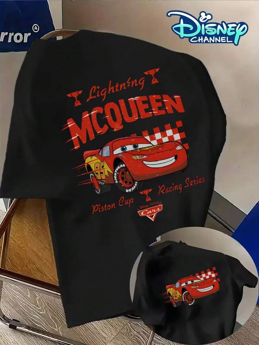 Disney Men's < < Racing Story > > Theme Printed With Red Lightning McQueen Red Car Logo Printed Short-Sleeved Men's T-Shirt-Racing Logo Multicolor Optional Men's T-Shirt, Everyday Versatile, Machine Washable, And Can Be Worn In Spring And Summer. - màu đen - Xem 1
