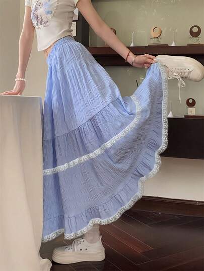 2026 Spring Summer Light Blue Tiered Maxi Skirt - Elegant Sweet Lace Trim Ruched Flowy Skirt | For 18-35Yrs, Perfect For Valentine's Day/Easter/Mother's Day/Outdoor Picnic/Daily Hangout/Weekend Gathering