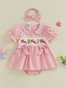 Conjunto de ropa de Pascua para niña bebé, mono de manga corta con bordado de conejito y diadema, ropa para recién nacida - Rosa - Ver 1