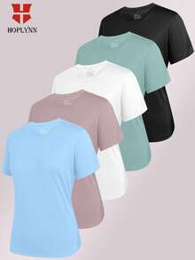HOPLYNN 5-Piece Summer Lightweight T-Shirt Slim Fit Sports Workout Women's Short-Sleeved T-Shirts, Sports Basic Performance Simple Shirts - Multicolor 2 - View 1