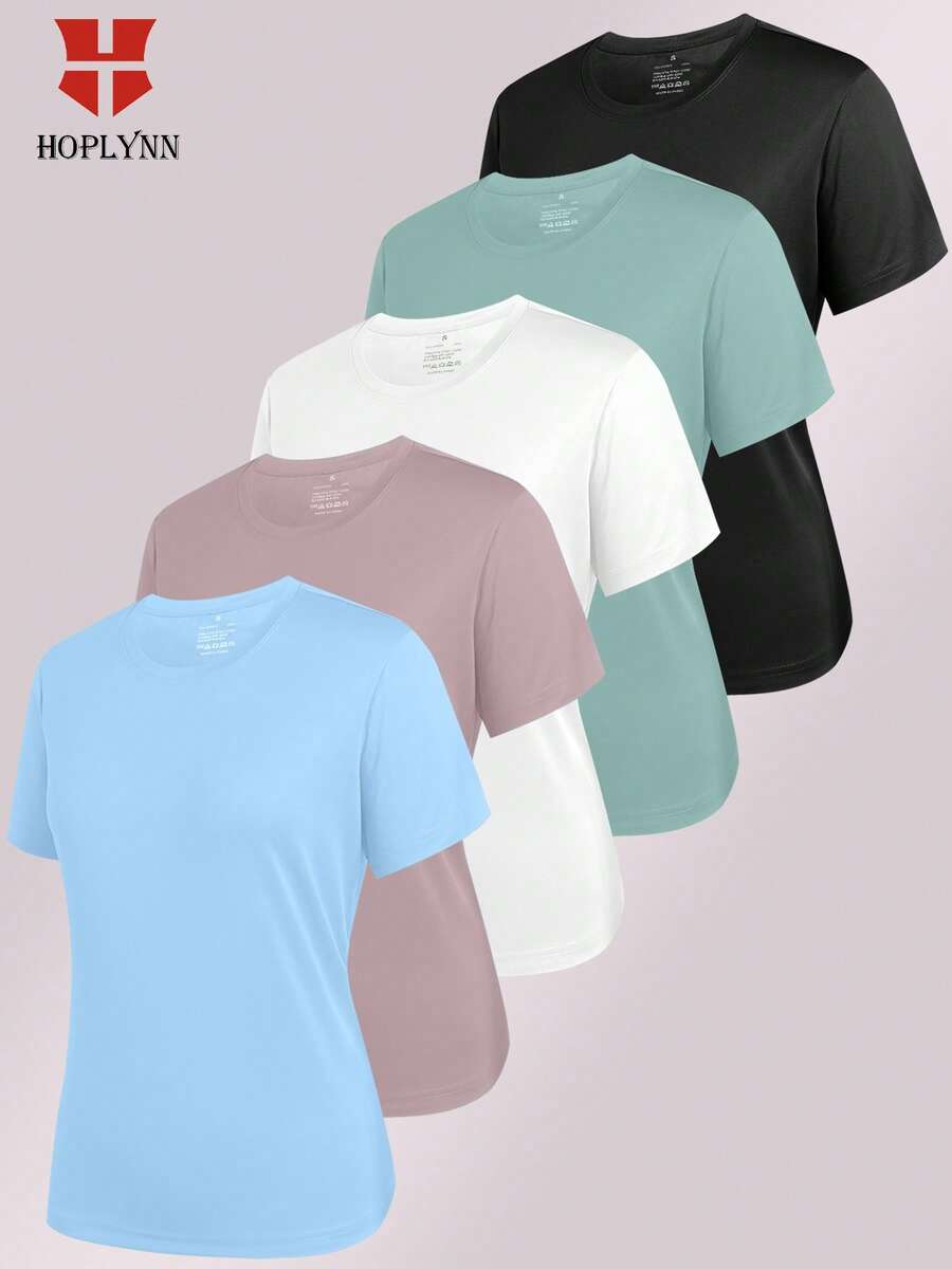 HOPLYNN 5-Piece Summer Lightweight T-Shirt Slim Fit Sports Workout Women's Short-Sleeved T-Shirts, Sports Basic Performance Simple Shirts - Multicolor 2 - View 1