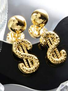 1 Pair Exaggerated Luxurious 14K Gold Plated Copper Multi-Element Dollar Sign Earrings, Suitable For Women's Daily, Party, Banquet, Street Fashion Earrings - Gold - View 5