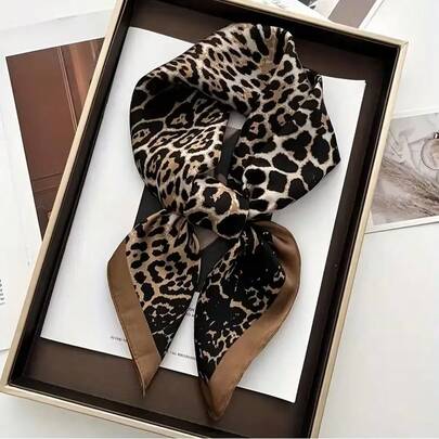 Elegant Leopard Print Silk Scarf, Leopard Square Scarf, Decorative Square Scarf, Printed Ladies' Professional Square Scarf, Suitable For Outings, Ladies' Neck Scarf, Elegant Ladies' Scarf, Lightweight Breathable Large Shawl, Women's Silk Scarf With Leopard Geometric Pattern, Casual Polyester