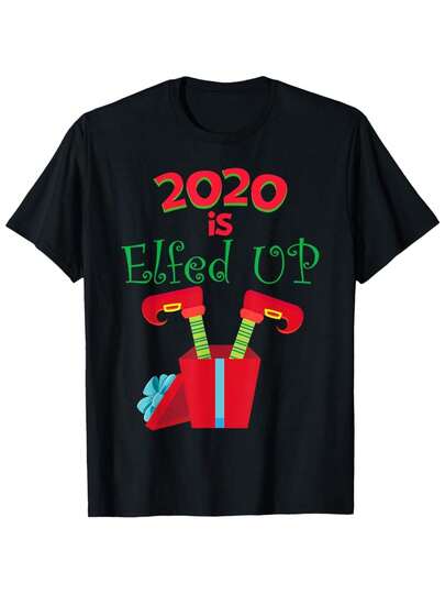 2020 Camiseta Navideña Divertida "20/20 is Elf Full" Eslogan - Diseño de Caja de Zapatos de Elfo y Sombrero de Elfo, Camiseta de Algodón Cómoda de Manga Corta y Cuello Redondo (S-5XL) - Atuendo de Fiesta, Ropa Casual para Evento del Año Completo 2020