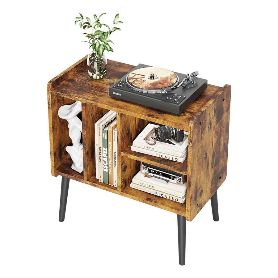 Soporte para Tocadiscos, Soporte para hasta 200 álbumes, gabinete de Vinilo clásico con estantes extraíbles, Mesa de Reproductor de Discos con Altura Ajustable para Sala de Estar, recámara - Granate - Ver 1