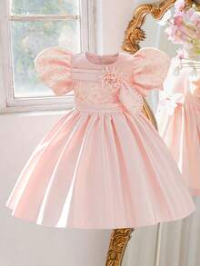 Young Girls' Puff Sleeve Floral Beaded Satin Elegant Formal Dress, Suitable For Graduation Party, Birthday Banquet, Excluding Headband - Màu Hồng baby - Xem 2