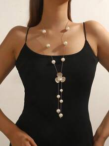 New Fashionable Delicate Butterfly & Flower Faux Pearl Acrylic Beaded Long Necklace, Versatile Sweater Chain For Women - Flower Style - View 5